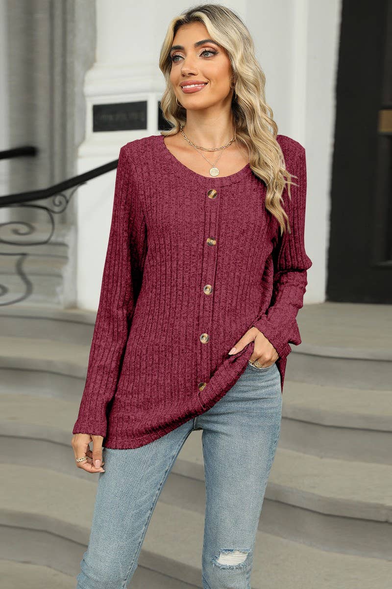 CWOSWL6831_SINGLE-BREASTED ROUND NECK LONG-SLEEVED LOOSE TOP