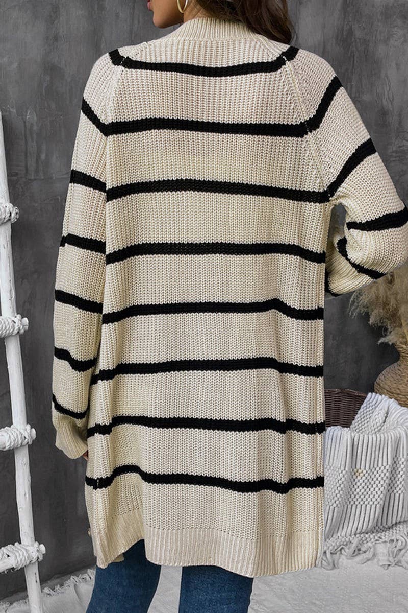 CWOCAL1137_STRIPED LOOSE MID-LENGTH KNITTED CARDIGAN SWEATER