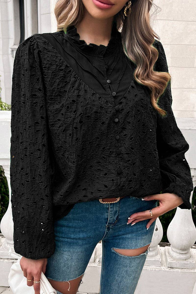 CWTSTL2732_ELEGANT HOLLOW PUFF SLEEVE EMBROIDERED TOP