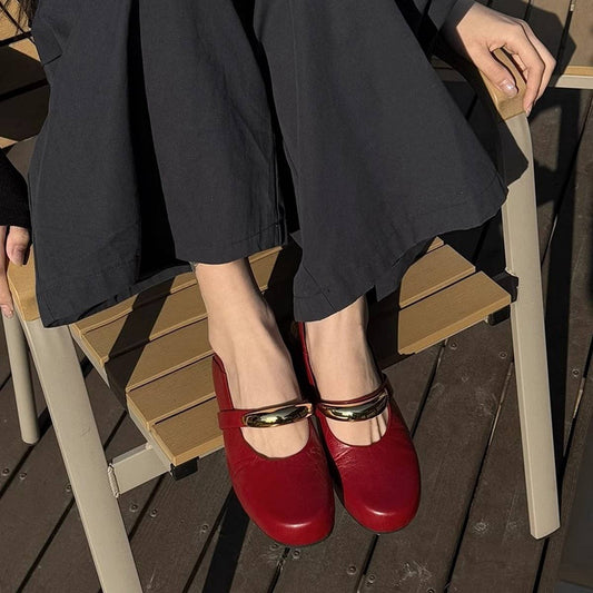 Red Leather Mary Janes Flat Ballet Shoes_CWSHF0135