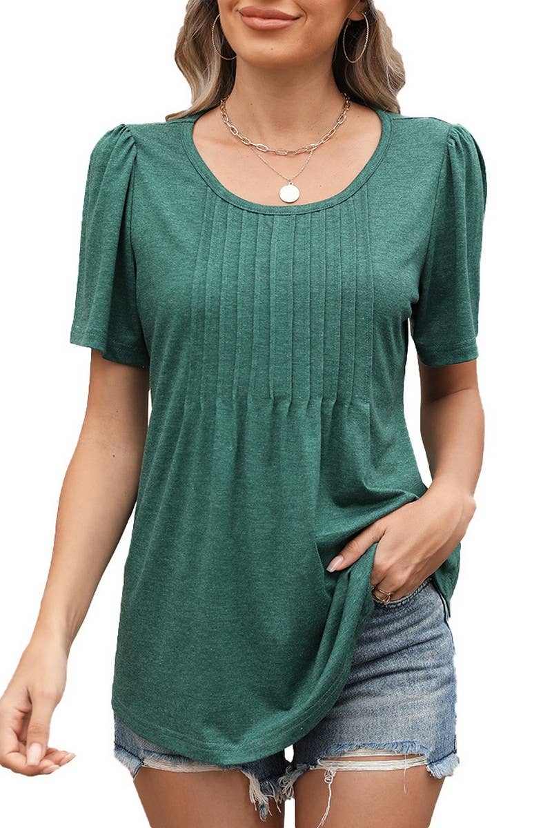 CWTBLS1724_LOOSE CREW NECK PLEATED PRINT SHORT SLEEVE TOP