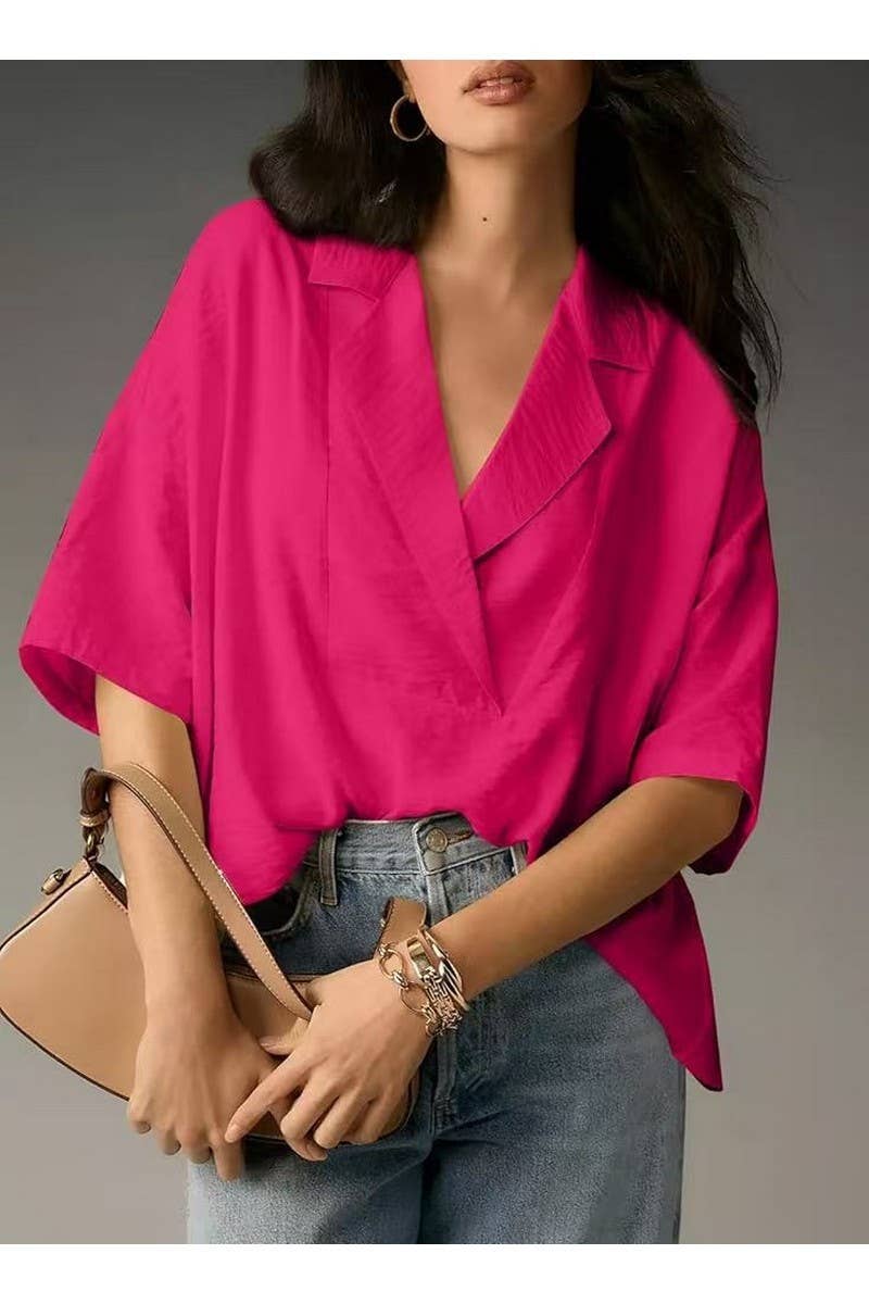 CWTBLS02500_2025SUMMER WOMEN POLO COLLAR SHORT SLEEVE BLOUSE