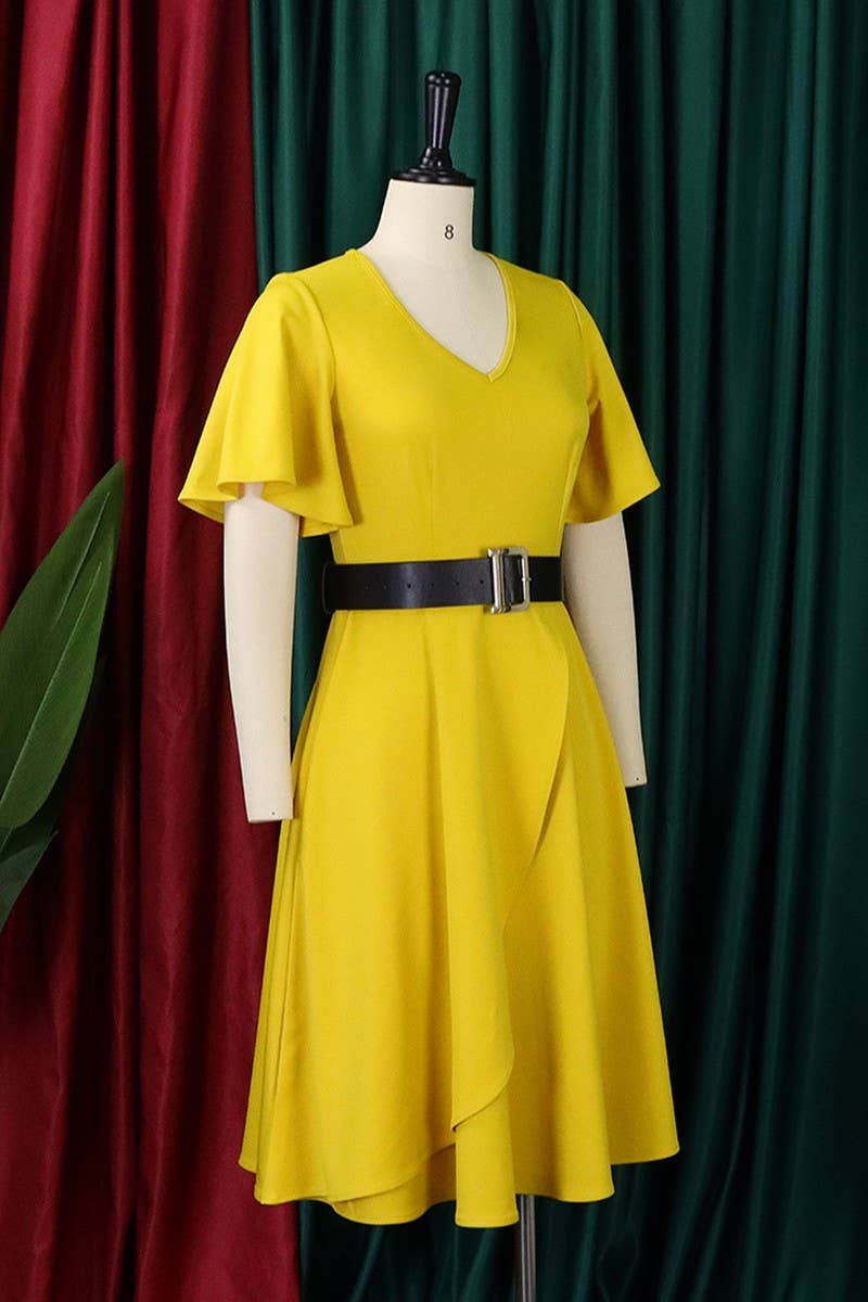 CWDSD3579_PLUS SIZE BELL SLEEVE SOLID COLOR MIDI DRESS