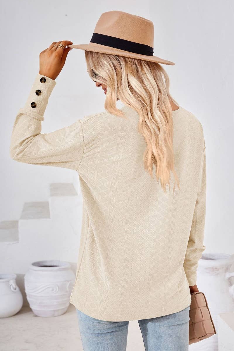 CWTBLL2806_SOLID COLOR V-NECK LONG SLEEVE BUTTON-UP TOP