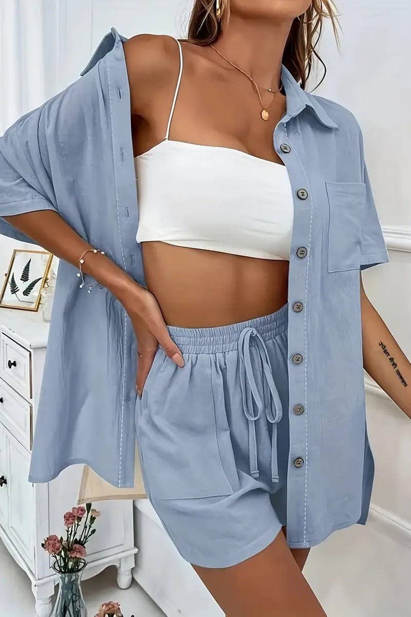 CWSTB2064_SOLID COLOR SHIRT AND SHORTS TWO PIECE SET