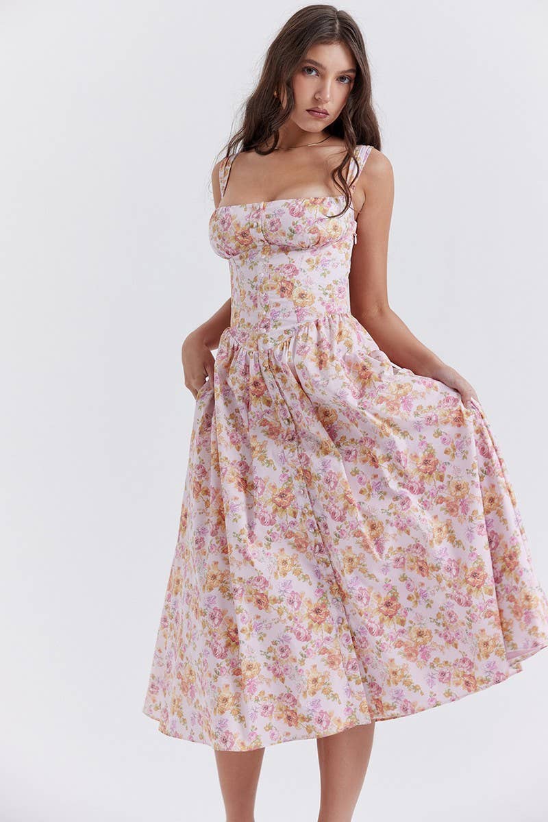 CWDMD5937_FLORAL STRAPLESS SHORT SLEEVE CAMI DRESS