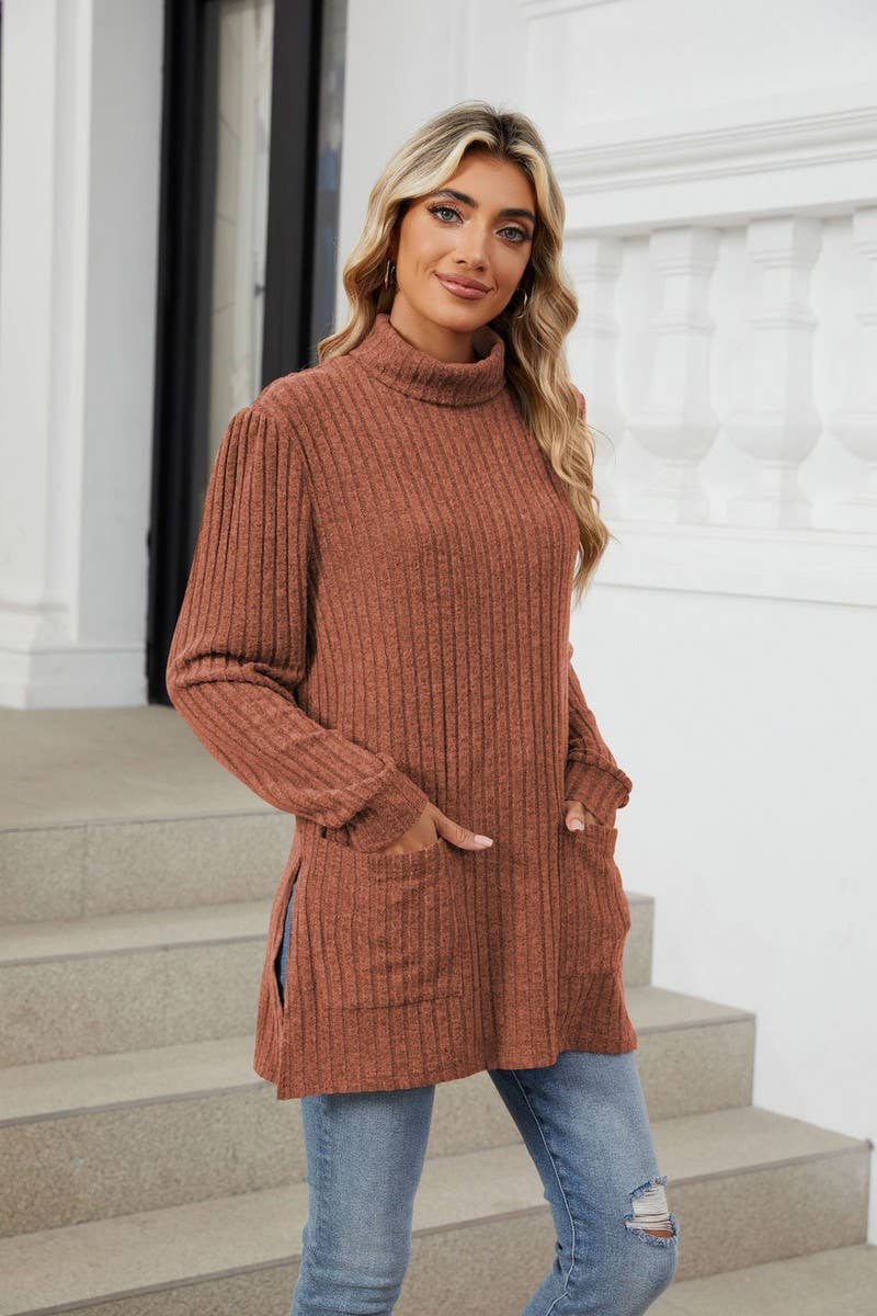 CWTBLL2363_SOLID COLOR HALF TURTLENECK SLIT POCKET TOP