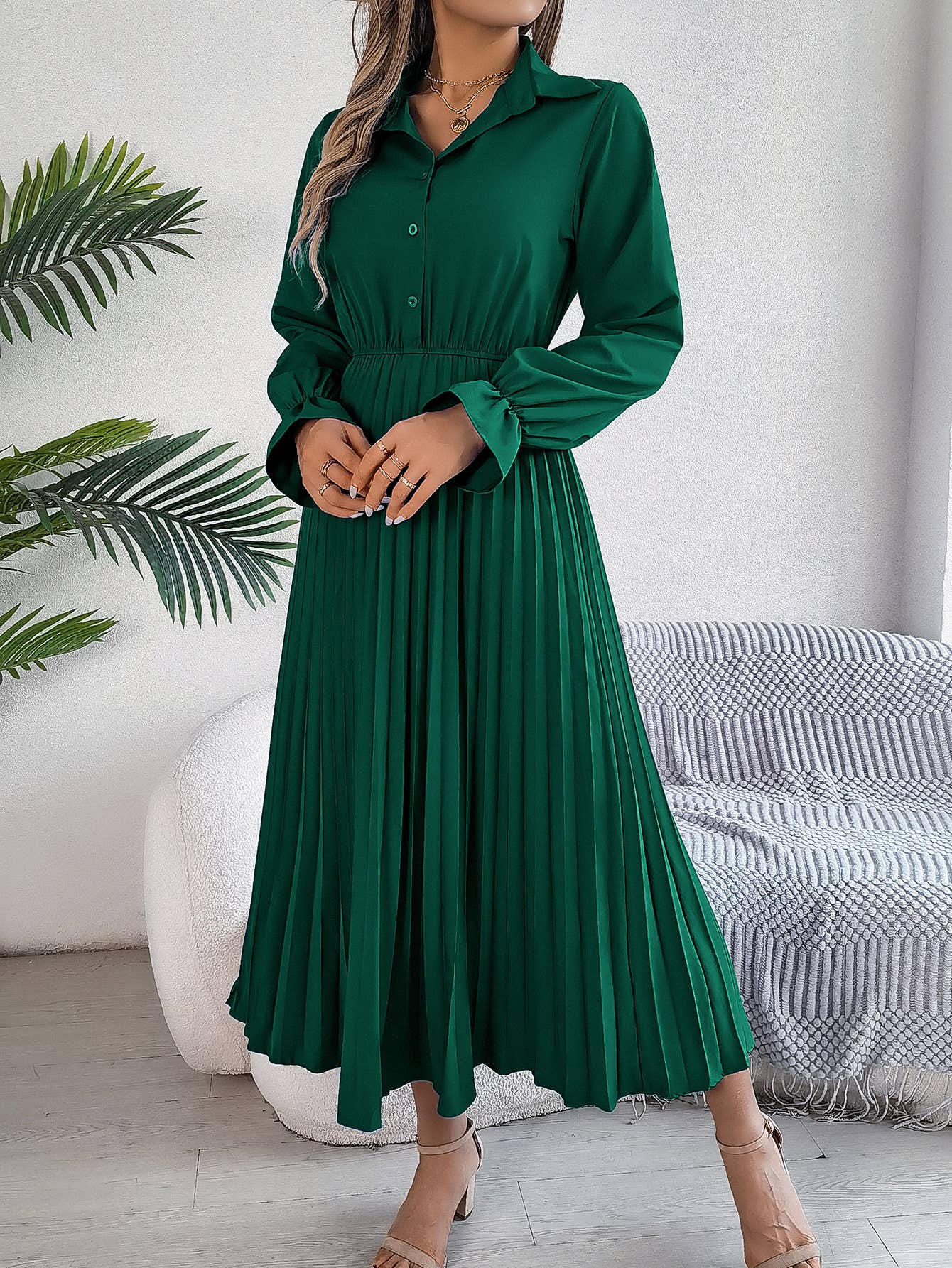 CASUAL LAPEL BUTTON WAIST PLEATED LONG DRESS