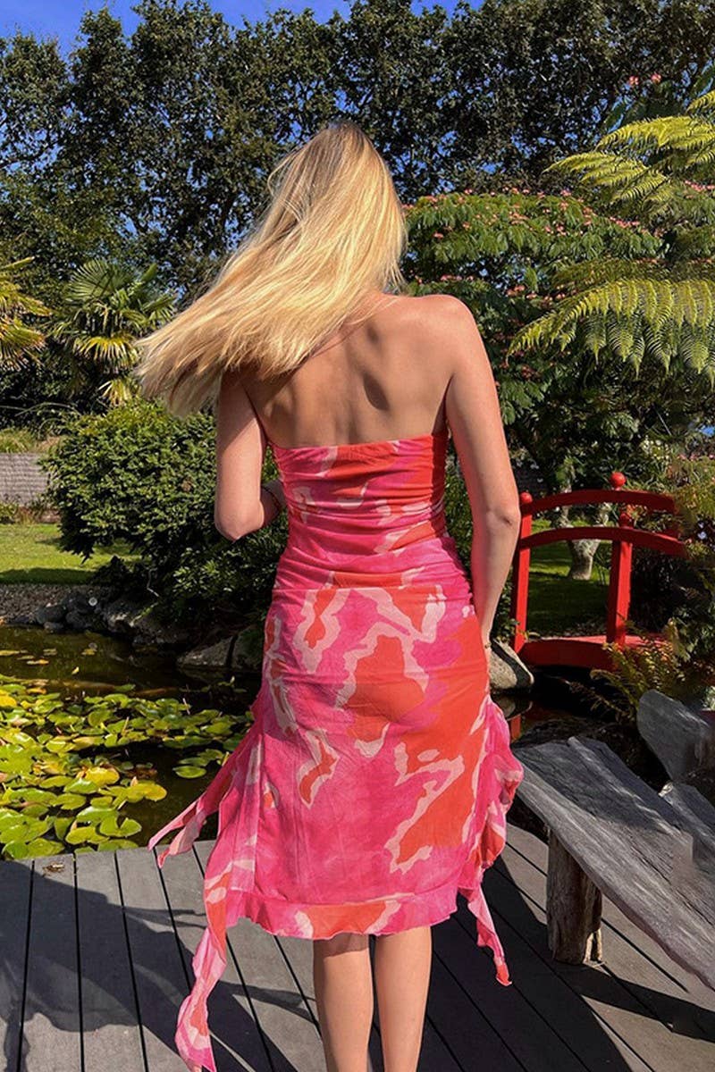 CWDTD0436_FLORAL MESH STRAPLESS RUFFLE VACATION MINI DRESS