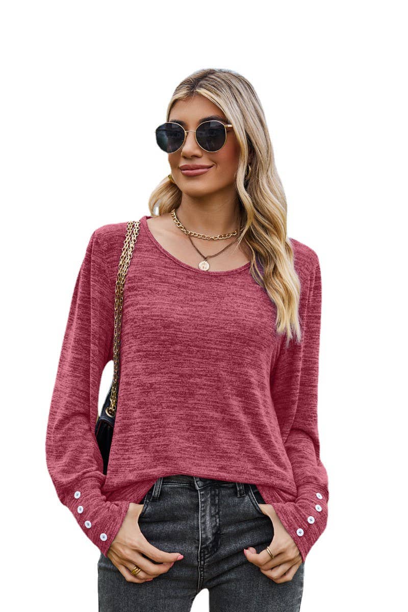 CWTBLL3688_SOLID COLOR ROUND NECK LOOSE CASUAL LONG SLEEVE T