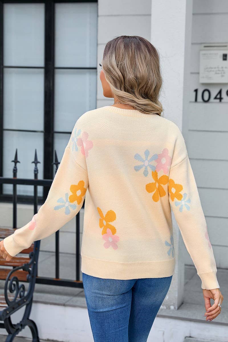 CWOSWL3106_LOOSE FIT FLORAL PRINT PULLOVER KNIT SWEATER TOP
