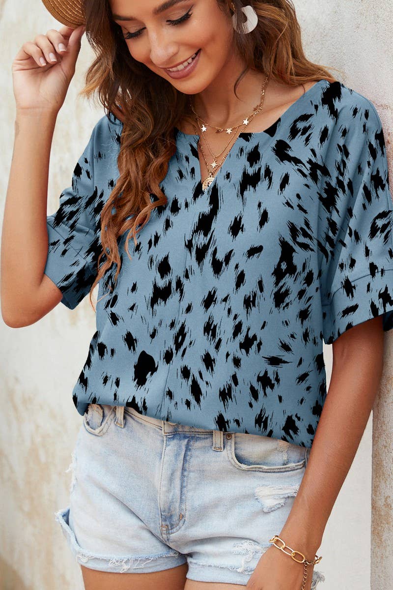 CWTBLS0346_V-Neck Short Sleeve Print Top