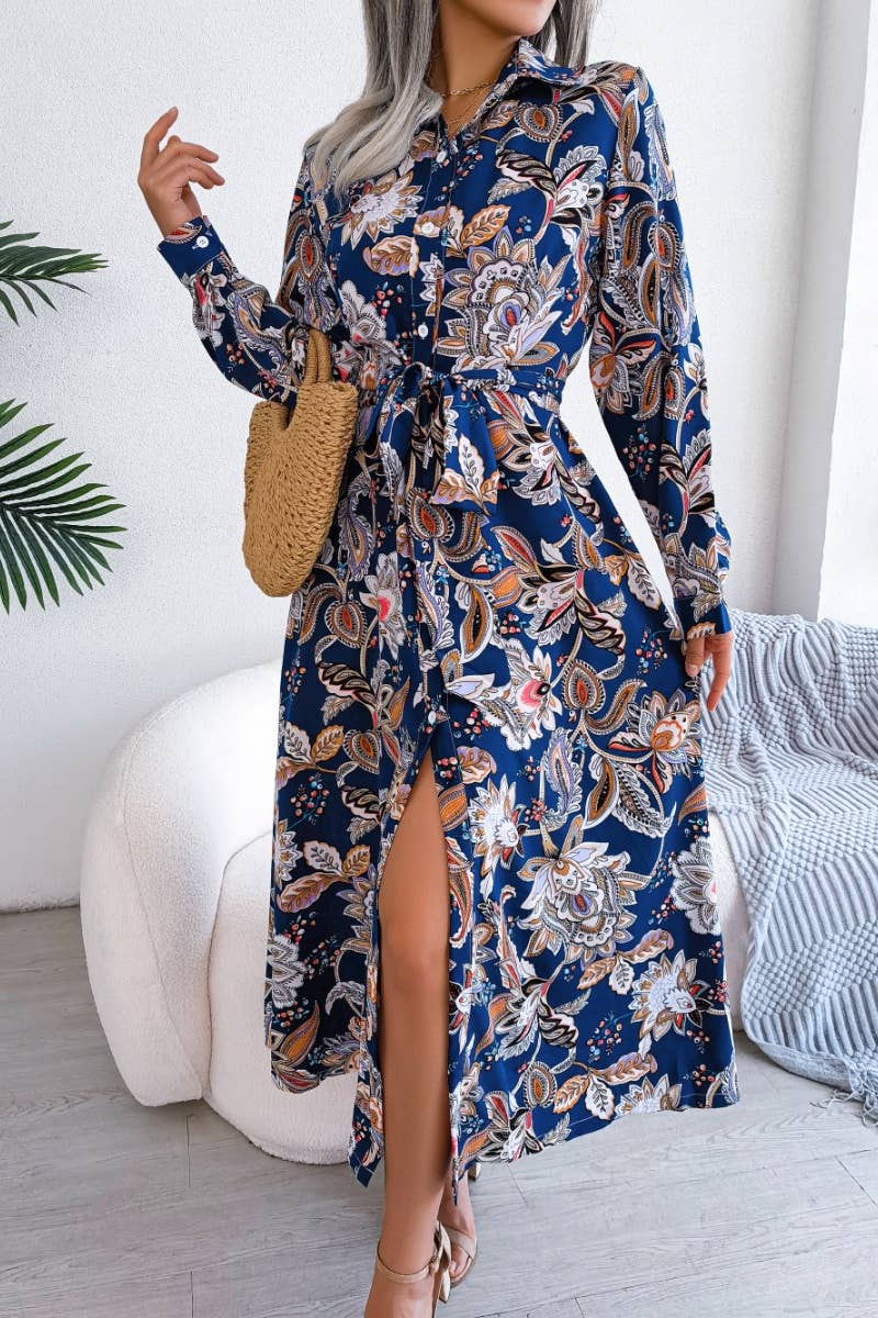 CWDMD2651_VINTAGE FLORAL LAPEL LACE-UP SHIRT LONG DRESS