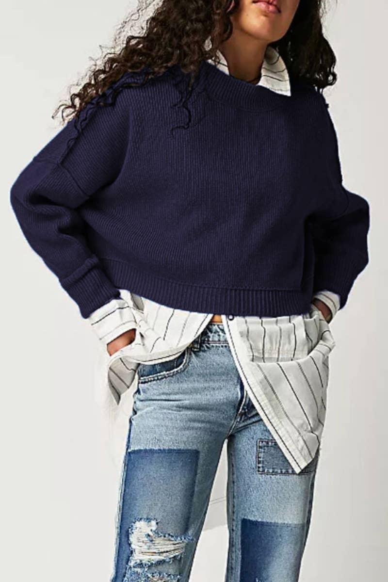 CWOSWL6722_FASHION CREW-NECK LONG-SLEEVED LOOSE SWEATER