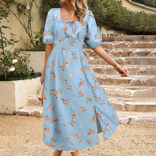 Floral Elegant Lantern Sleeve Dress