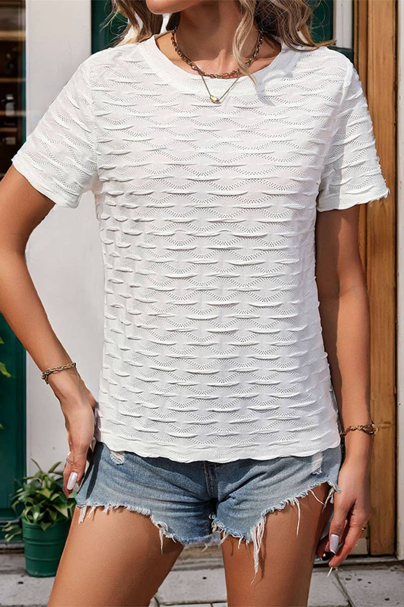 CWTBLS0682_CREW NECK SHORT SLEEVED CASUAL KNIT TOP