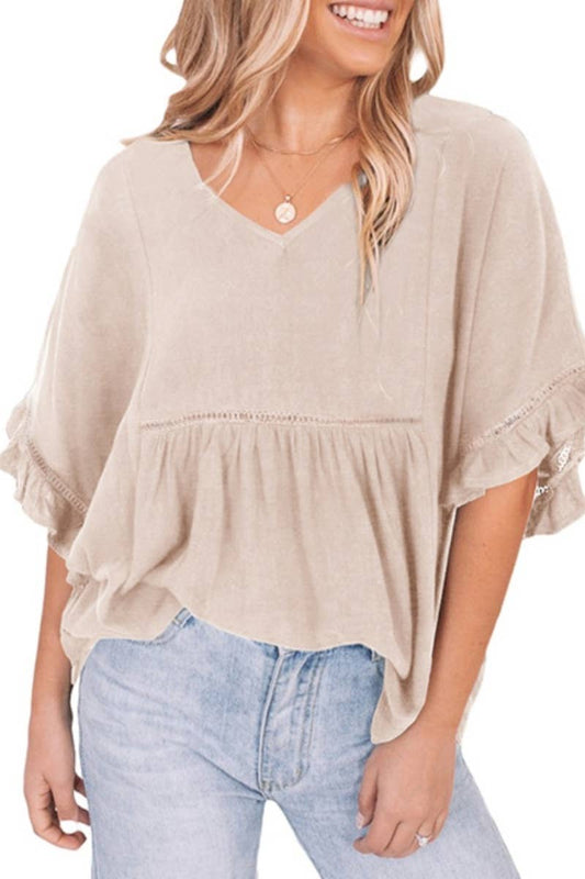 CWTBLS1346_SOLID COLOR V-NECK RUFFLED SHORT SLEEVE TOP