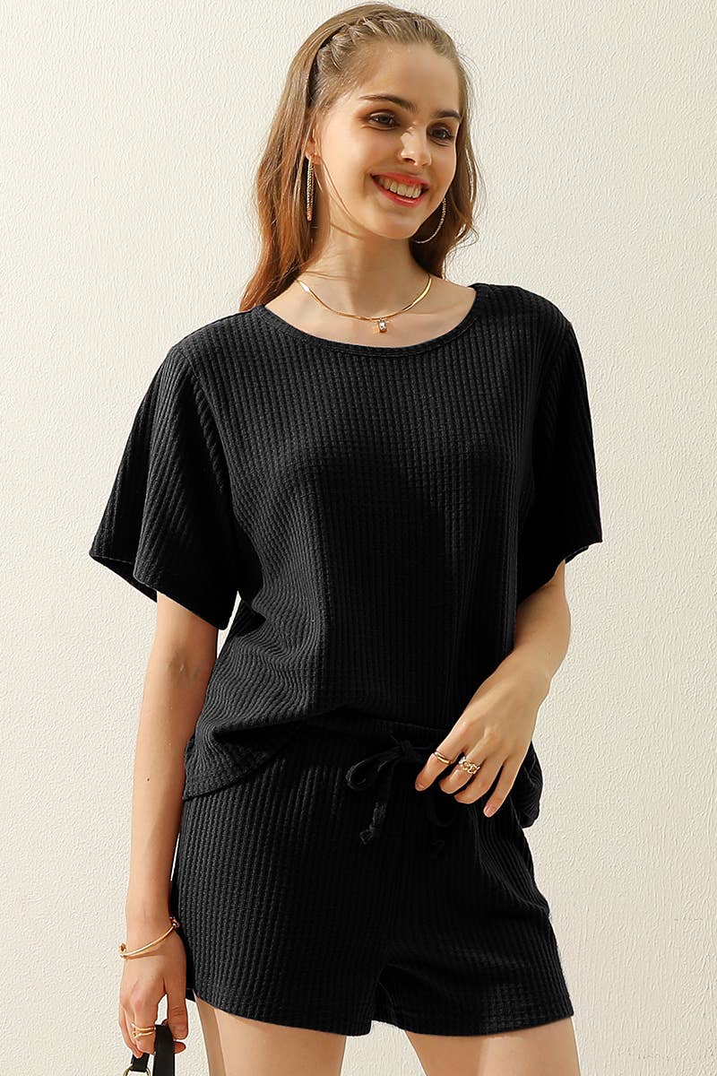 CWSTB274_SOLID WAFFLE KNIT TEE TOP & DRAWSTRING WAIST SHORTS