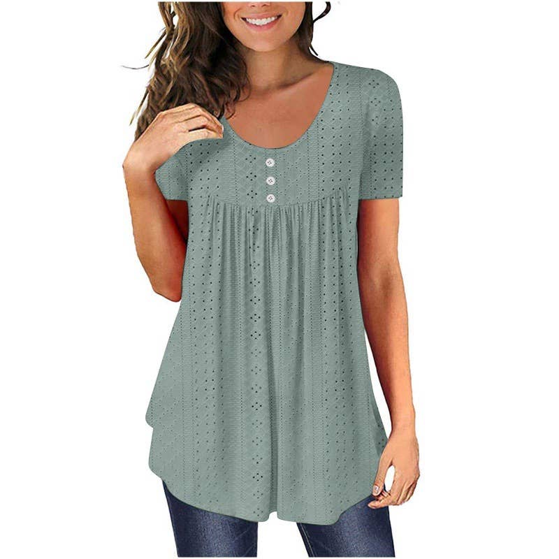 Crew-neck pleated button solid color ripped shirt