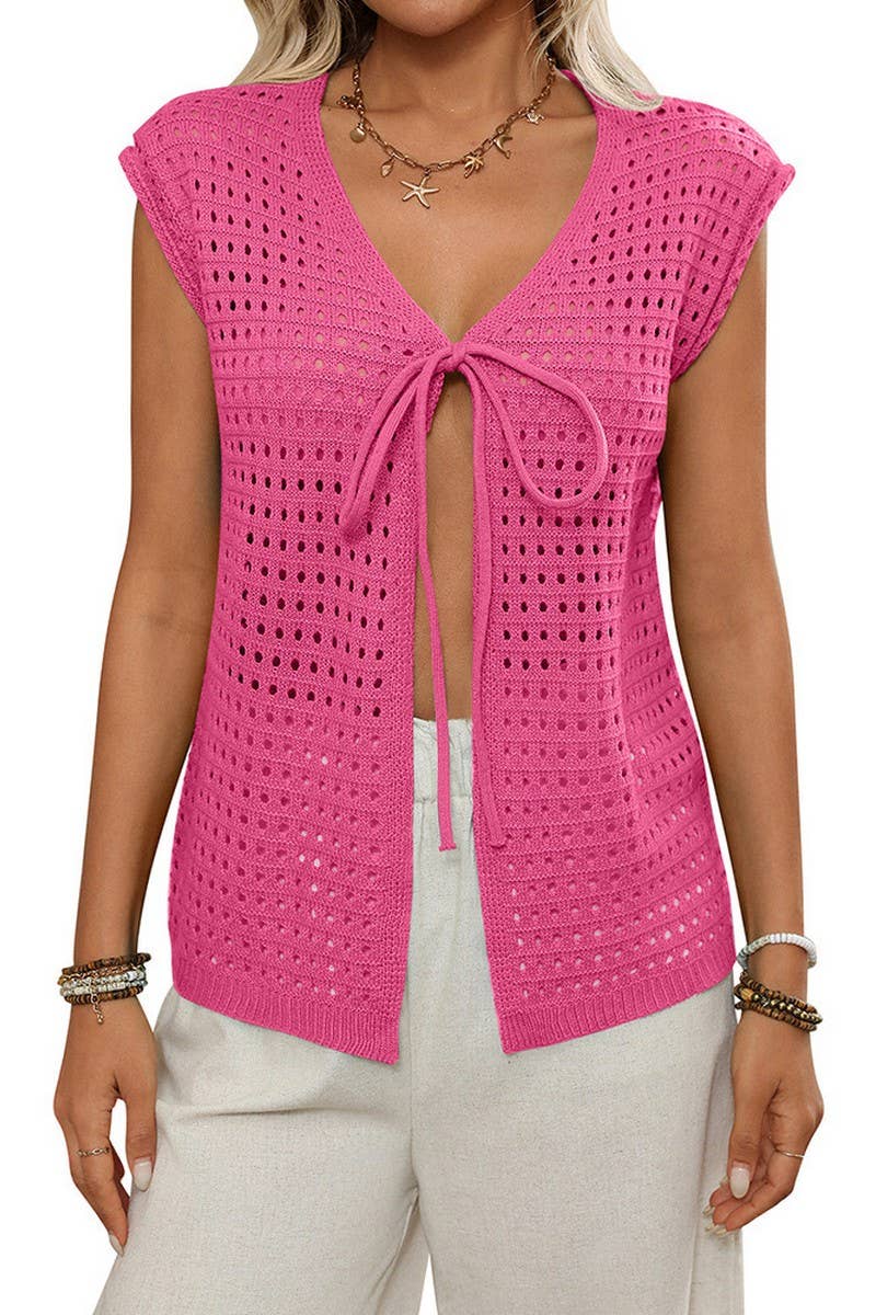 CWTTS1369_BOHEMIAN HOLLOW KNIT CARDIGAN LACE-UP BLOUSE