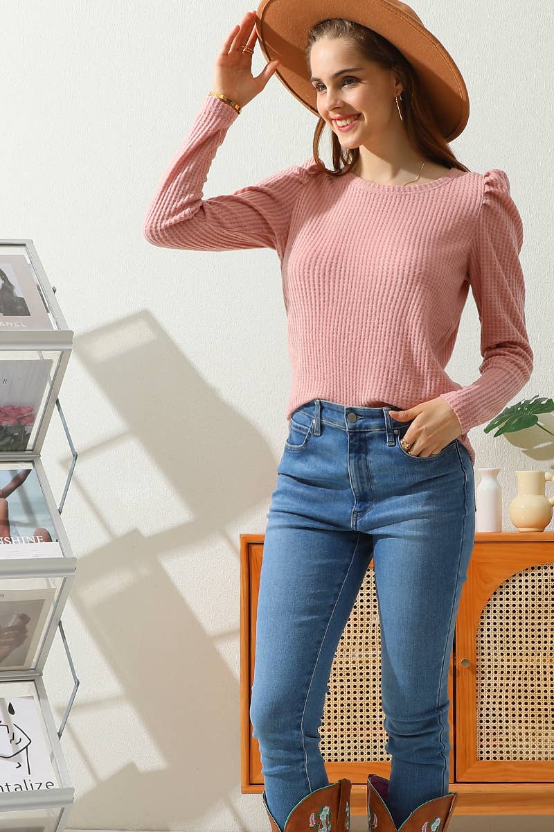 CWTTL1470_Puff Sleeve Crew Neck Casual T Shirt Top