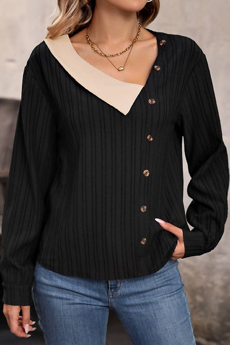 CWTTL1980_AUTUMN NEW SPLICED V-NECK TOP