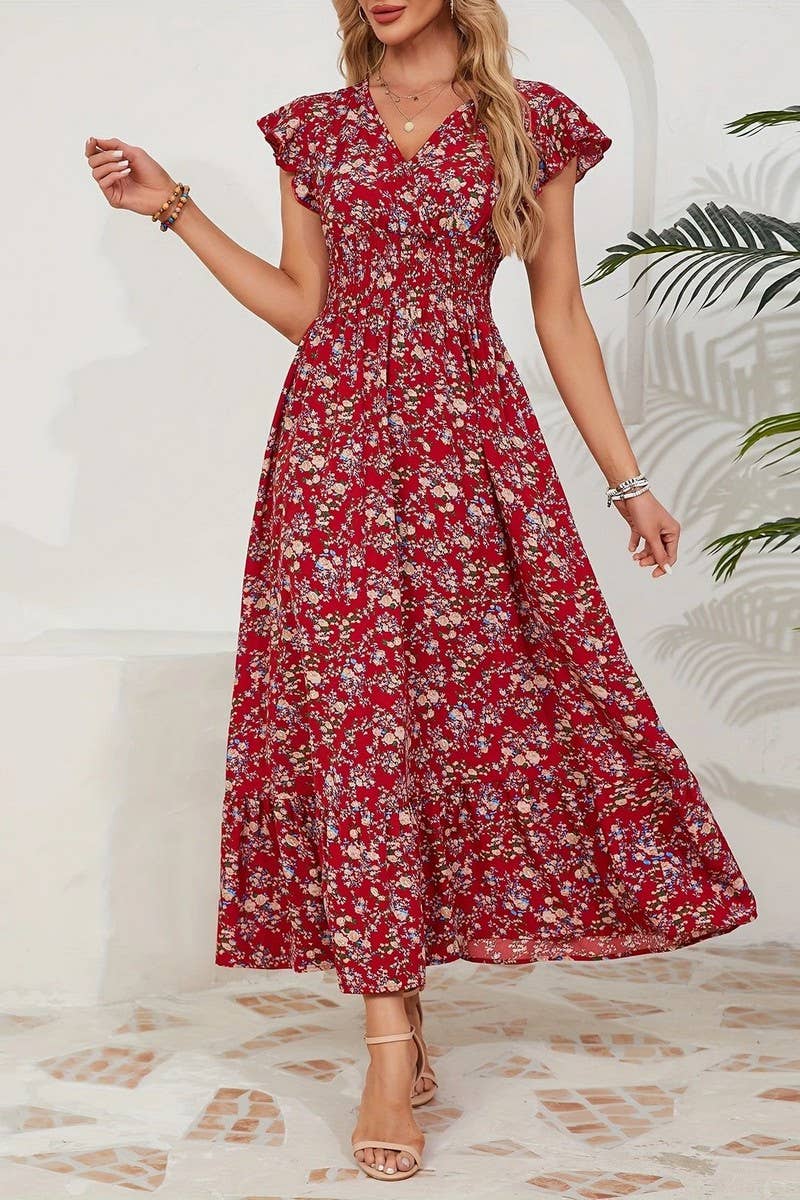 CWDMD6114_V-NECK FLORAL FRENCH STYLE SHORT SLEEVE DRESS