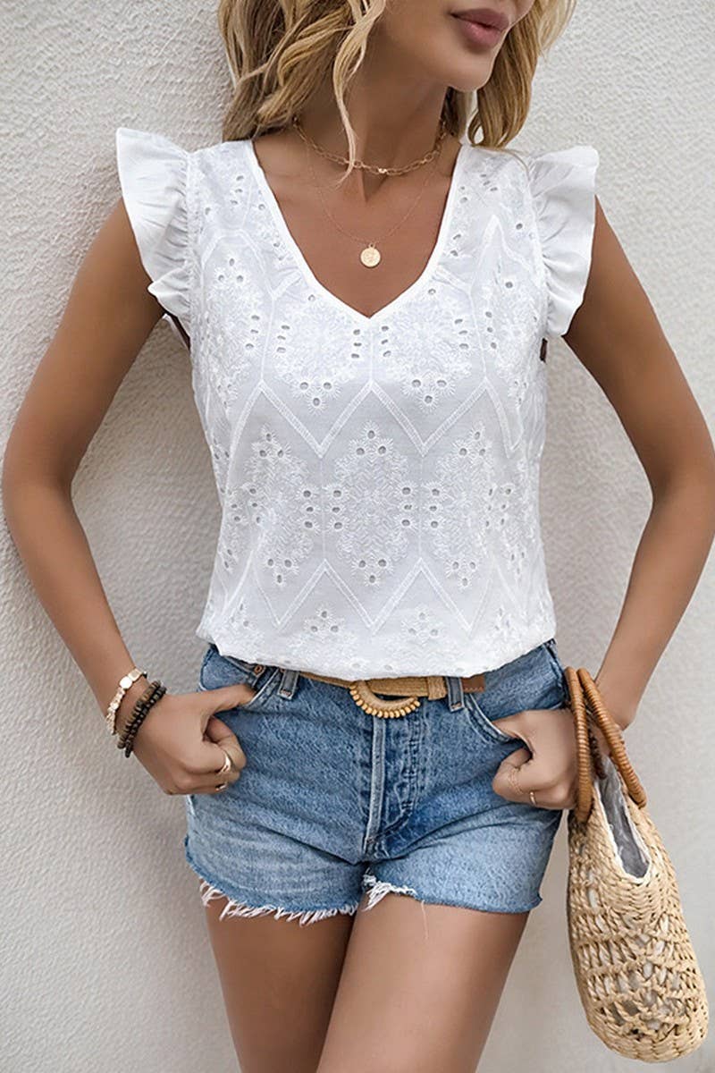 CWTBLS1560_V-NECK LOTUS LEAF FLYING SLEEVE TIE HOLLOW SHIRT