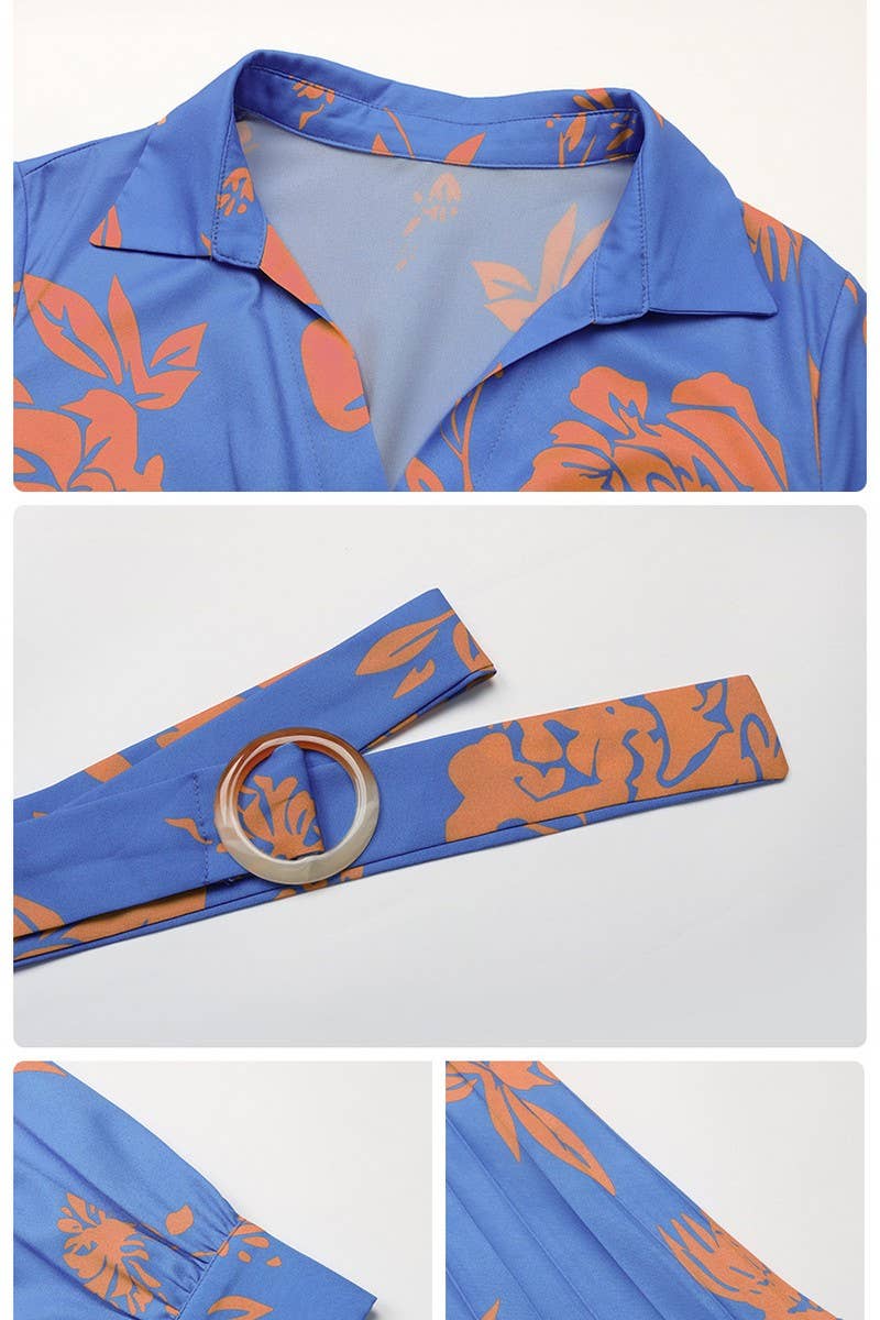 CWDMD3556_BELTED LAPEL PRINTED LONG SLEEVE PLEATED DRESS