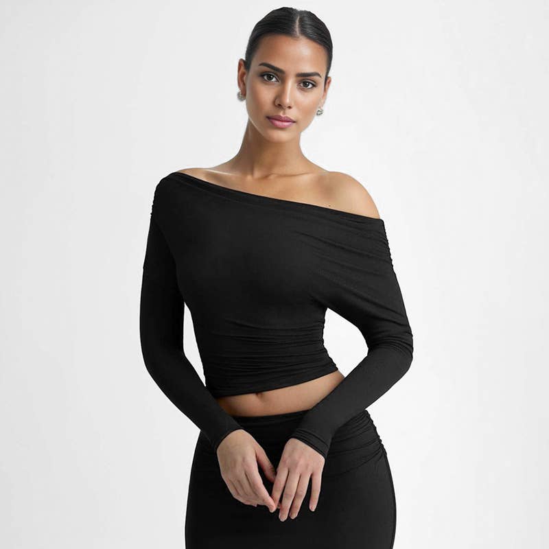 DIAGONAL NECK PLEATED WAIST SOLID COLOR T-SHIRT