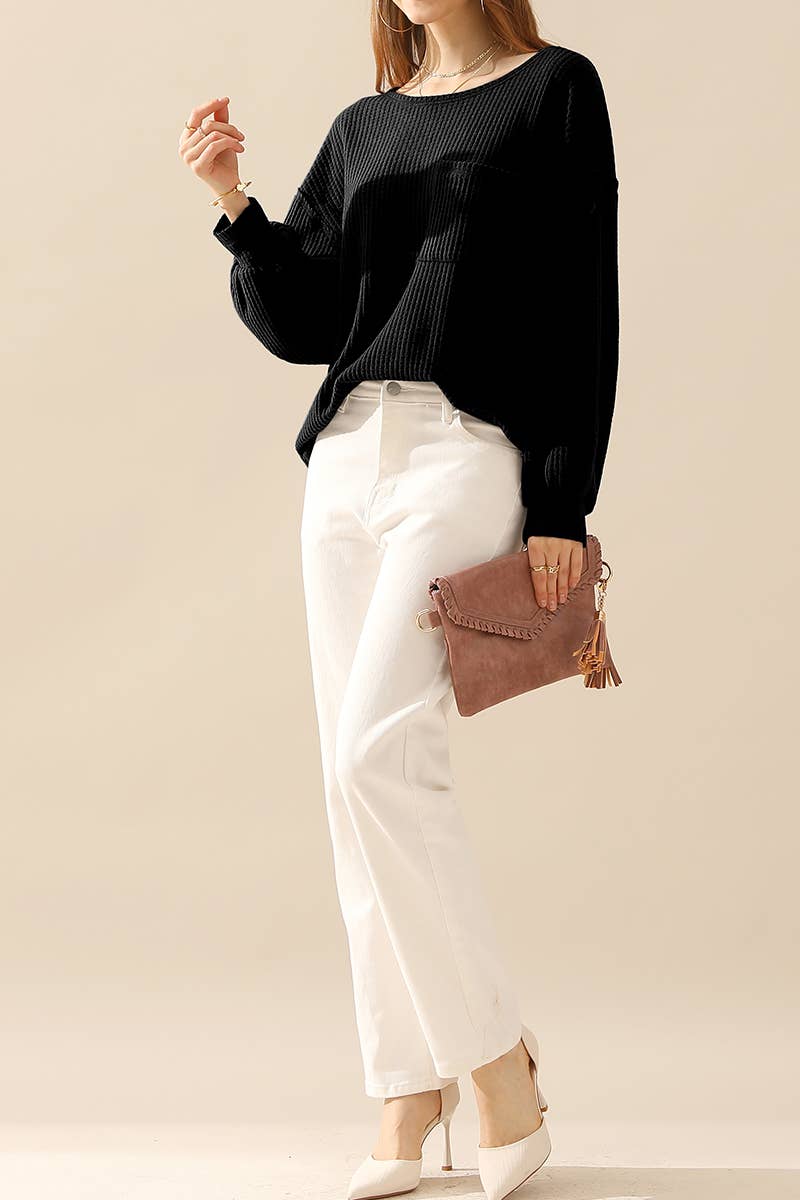 CWTTL1097_SHIRING CUFF R NECK SWEATER KNIT TOP