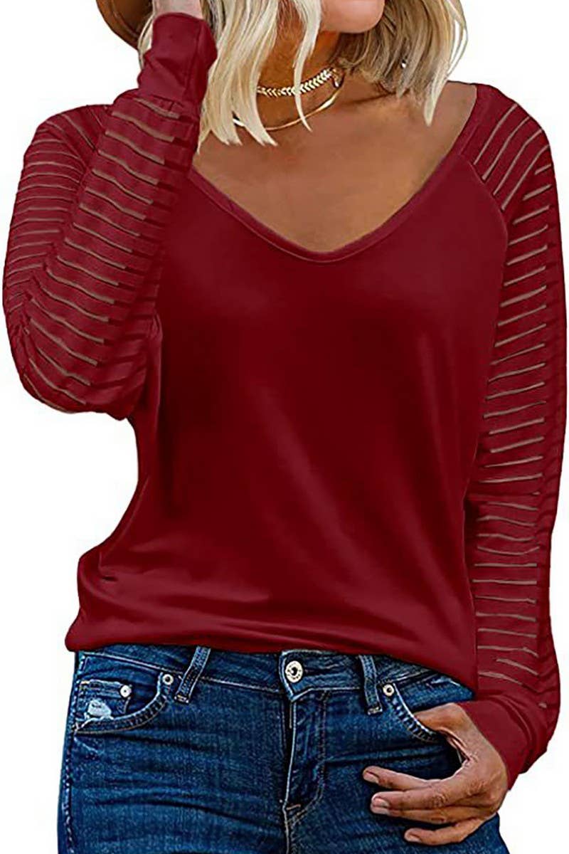 CWTTL00995_SPRING AND AUTUMN STRIPED V-NECK TOP