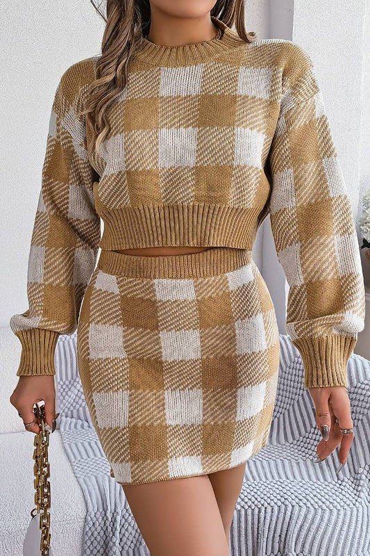 CWSS0748_WOOL PLAID LONG-SLEEVED BLOUSE SKIRT SUIT