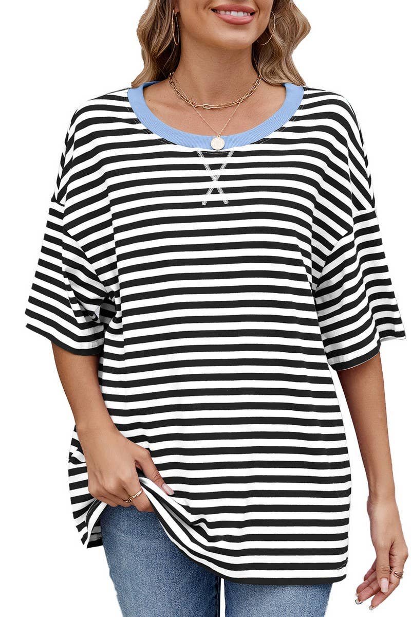 CWTBLS1736_STRIPED CONTRAST LOOSE SHORT-SLEEVED T-SHIRT TOP