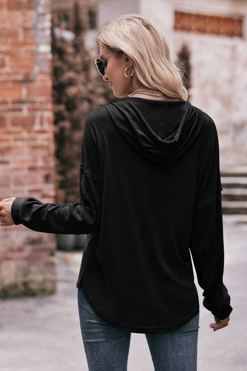 CWTBLL2714_V-NECK BUTTON-UP LONG-SLEEVED HOODED TOP