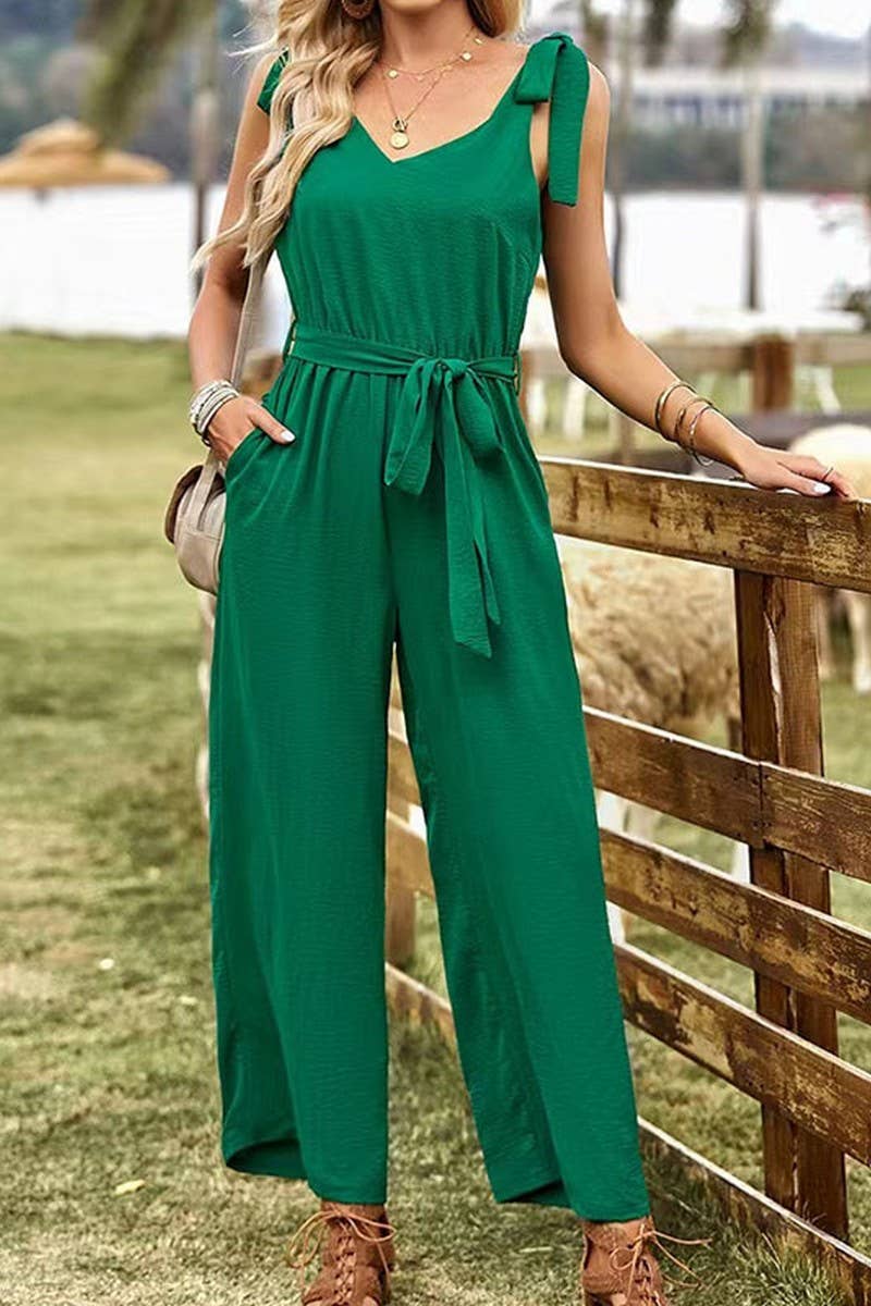 CWSJS1587_SOLID COLOR SLEEVELESS TIE WAIST JUMPSUIT