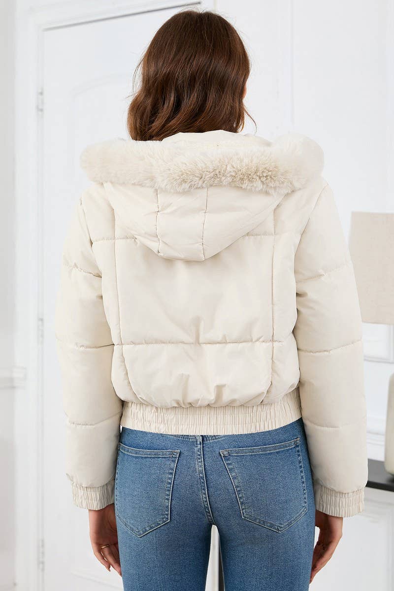 CWOCO0948_SHORT THICK FUR COLLAR HOODED PLUSH COTTON COAT
