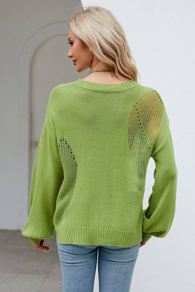 CWOSWL6485_CREW-NECK CUTOUT PATCHWORK LONG-SLEEVED SWEATER