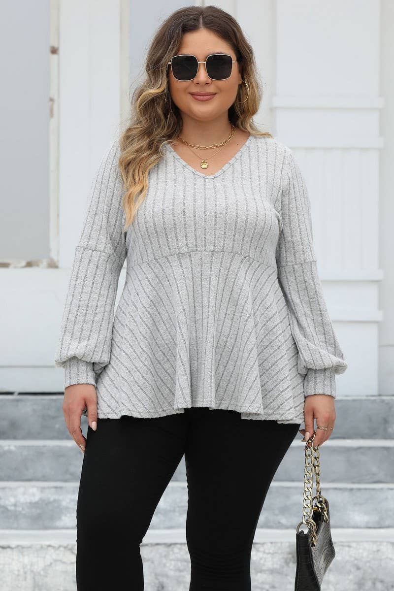 CWTTL1313_PLUS Size V-Neck Long Sleeve Pullover Top