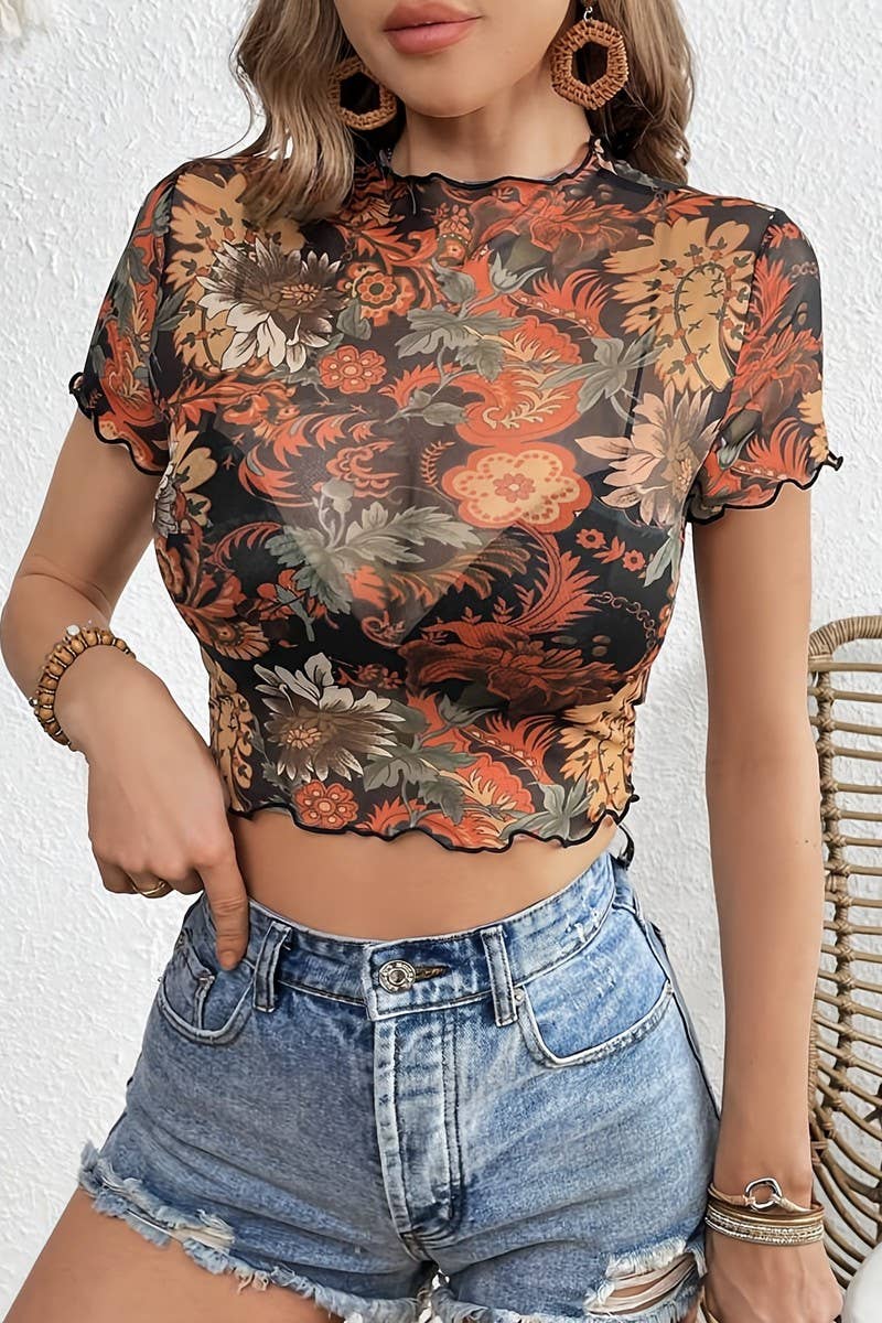 CWTBLS1533_MESH PRINTED RUFFLED SHORT SLEEVE T-SHIRT TOP