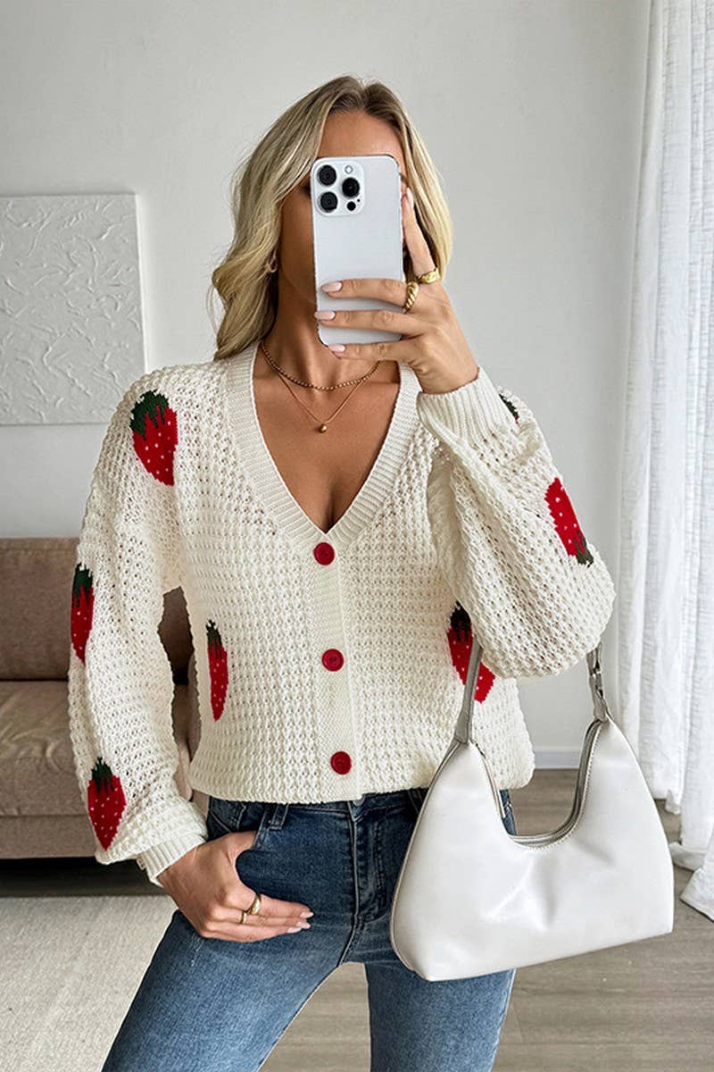 CWOCAL2320_STRAWBERRY JACQUARD KNIT CARDIGAN