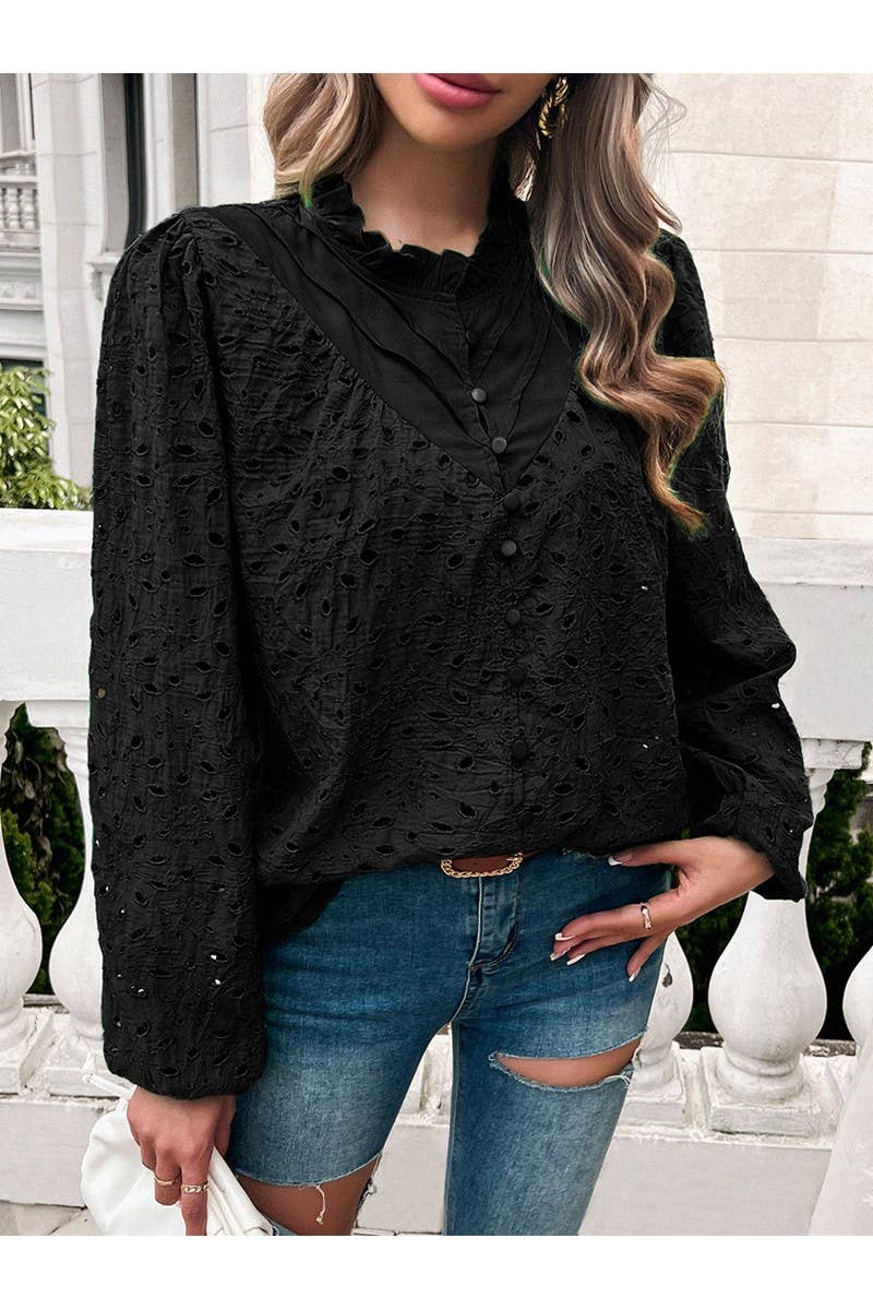 CWTBLL1140_Fashion Woven Hollow Puffy Sleeve Blouse