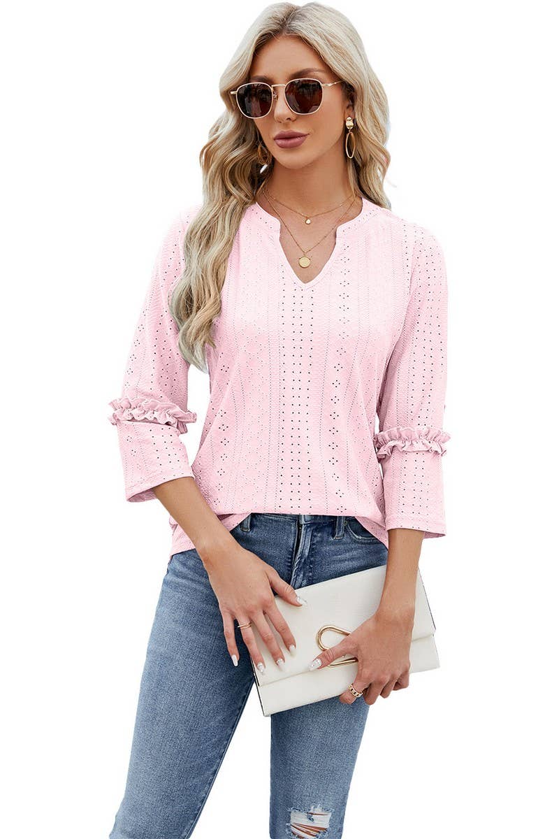 CWTTS0763_3/4 Sleeve Ruffle Detailed V-Neck  Blouse