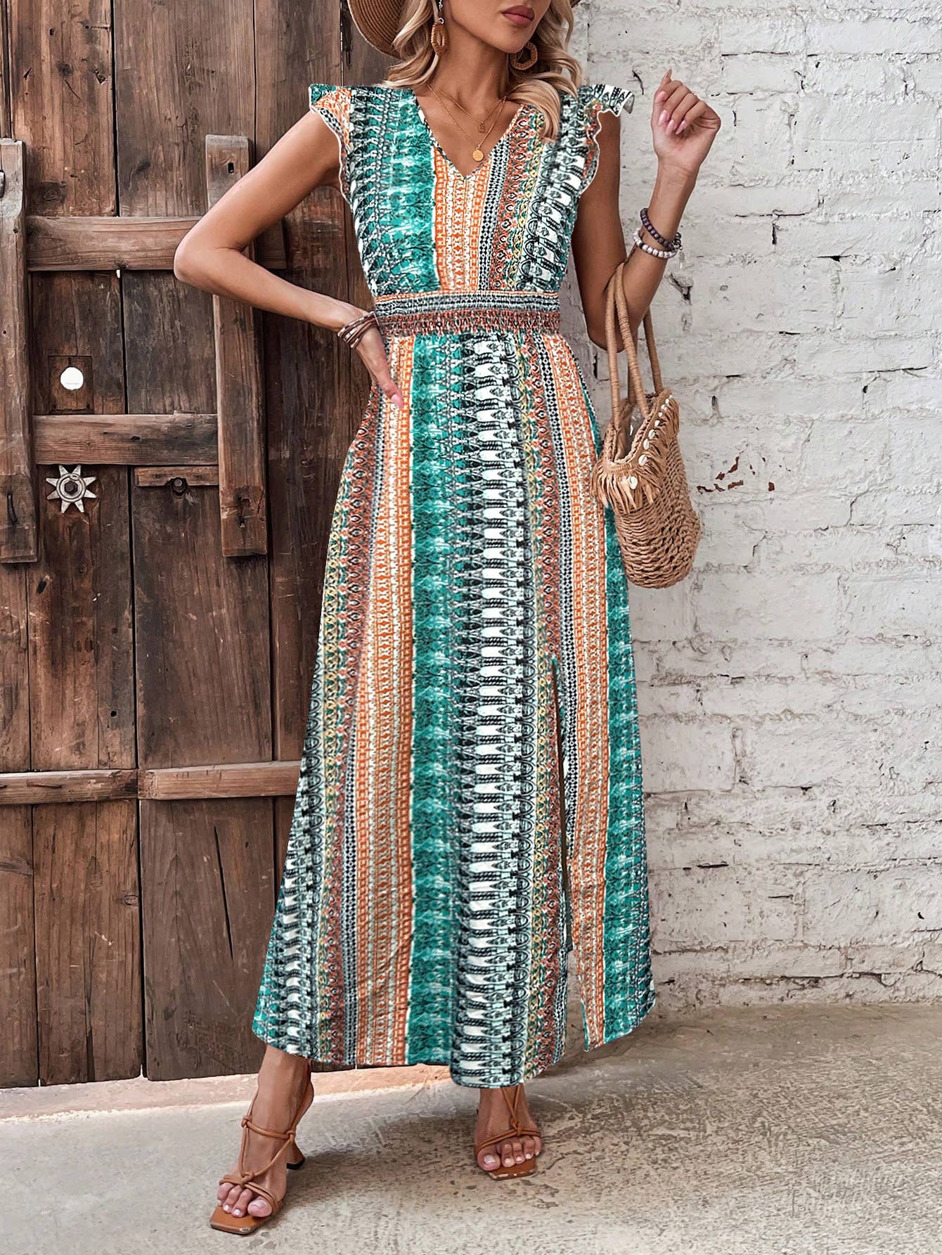 Bohemian knitted V-neck cinched waist slit dress