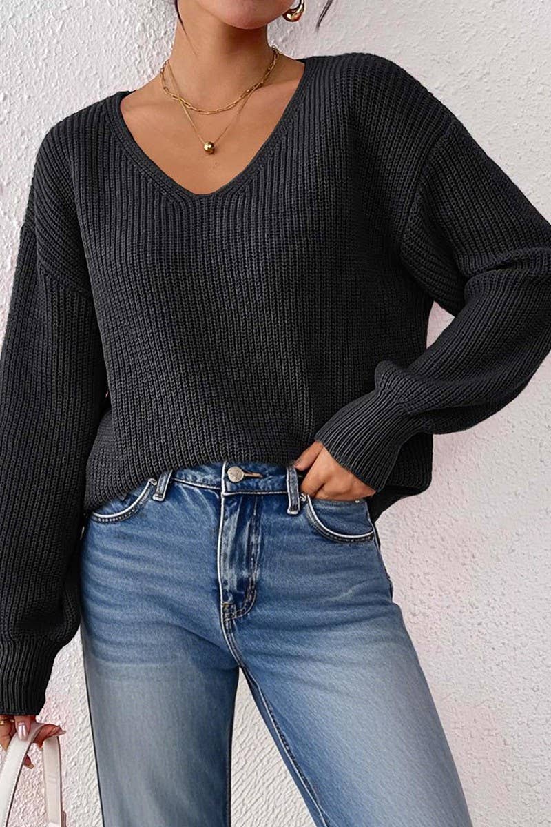 CWTTT00016_WOMEN SOLID V NECK LOOSE KNIT PULLOVER SWEATER