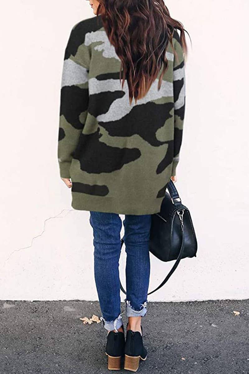 CAMOUFLAGE PRINT MID-LENGTH UNBUTTONED CARDIGAN