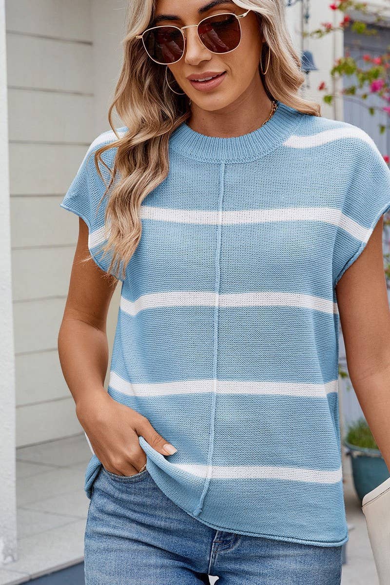CWTBLS02499_STRIPED CREW NECK SLEEVELESS KNIT TANK