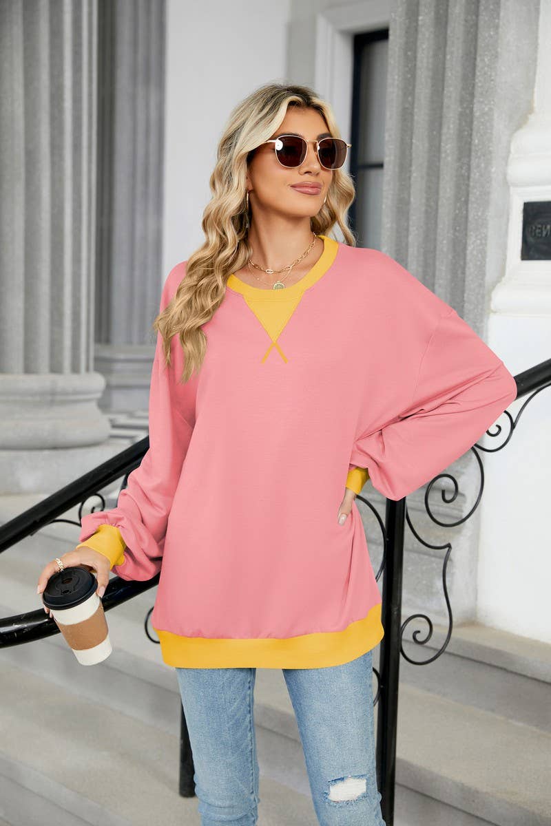 CWTBLL3743_AUTUMN AND WINTER CONTRAST COLOR LOOSE SWEATSHIRT