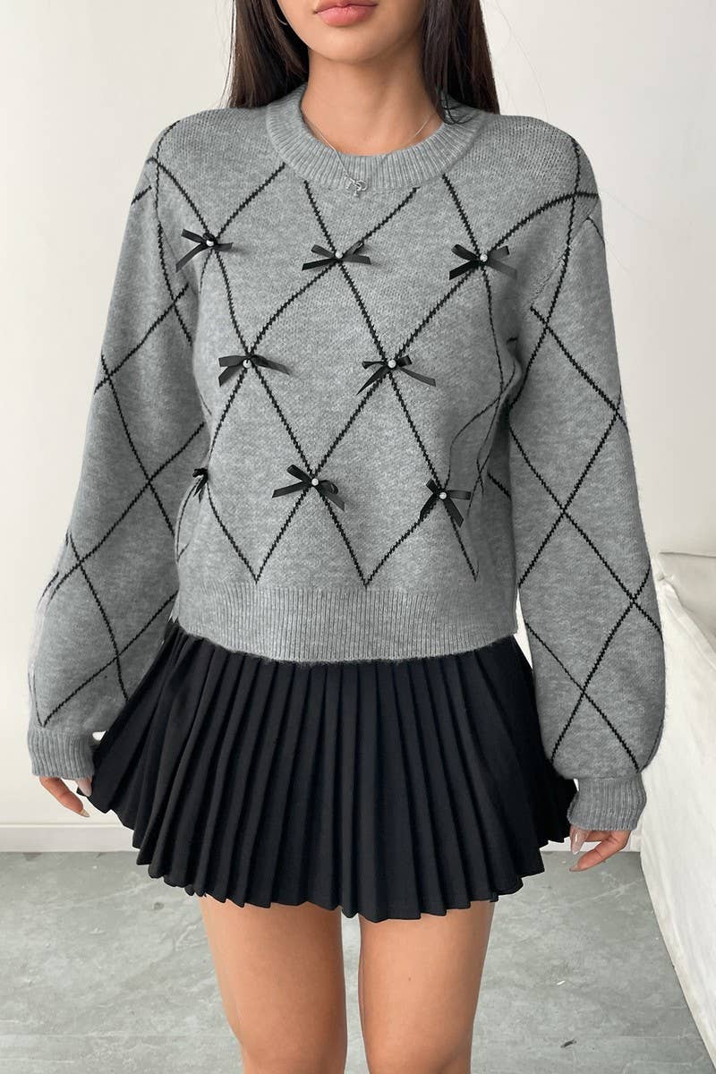 CWOSWL6912_CREW NECK BOW KNIT PULLOVER SWEATER