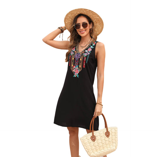V-NECK EMBROIDERED FASHION TANK TOP DRESS - Missy Style